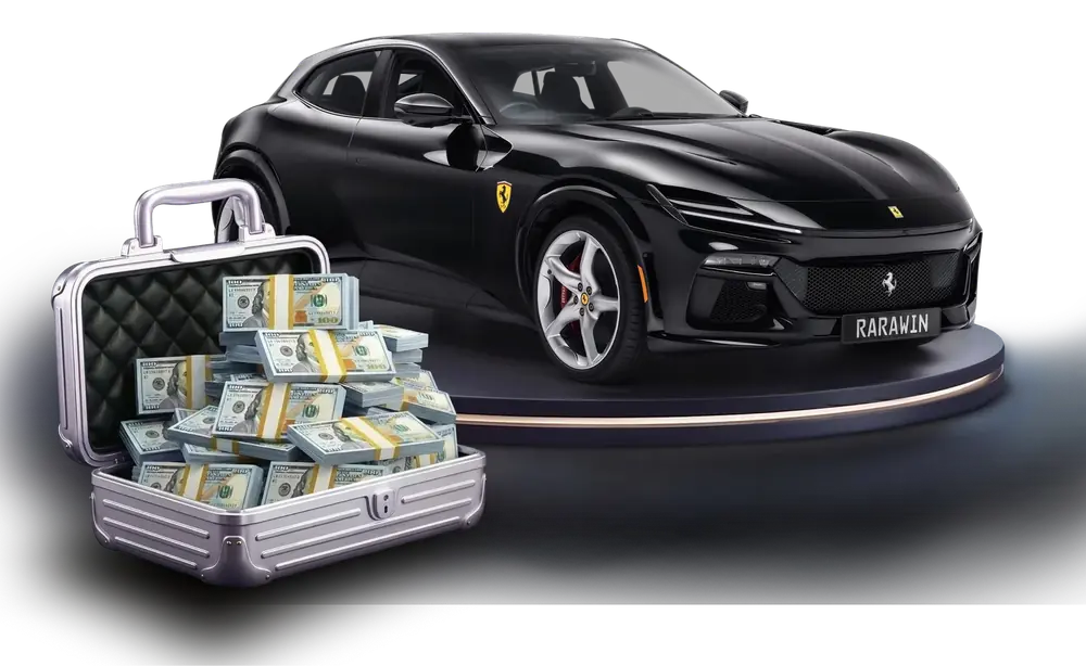 Auto en koffer met geld, hoofdprijs van de Shop